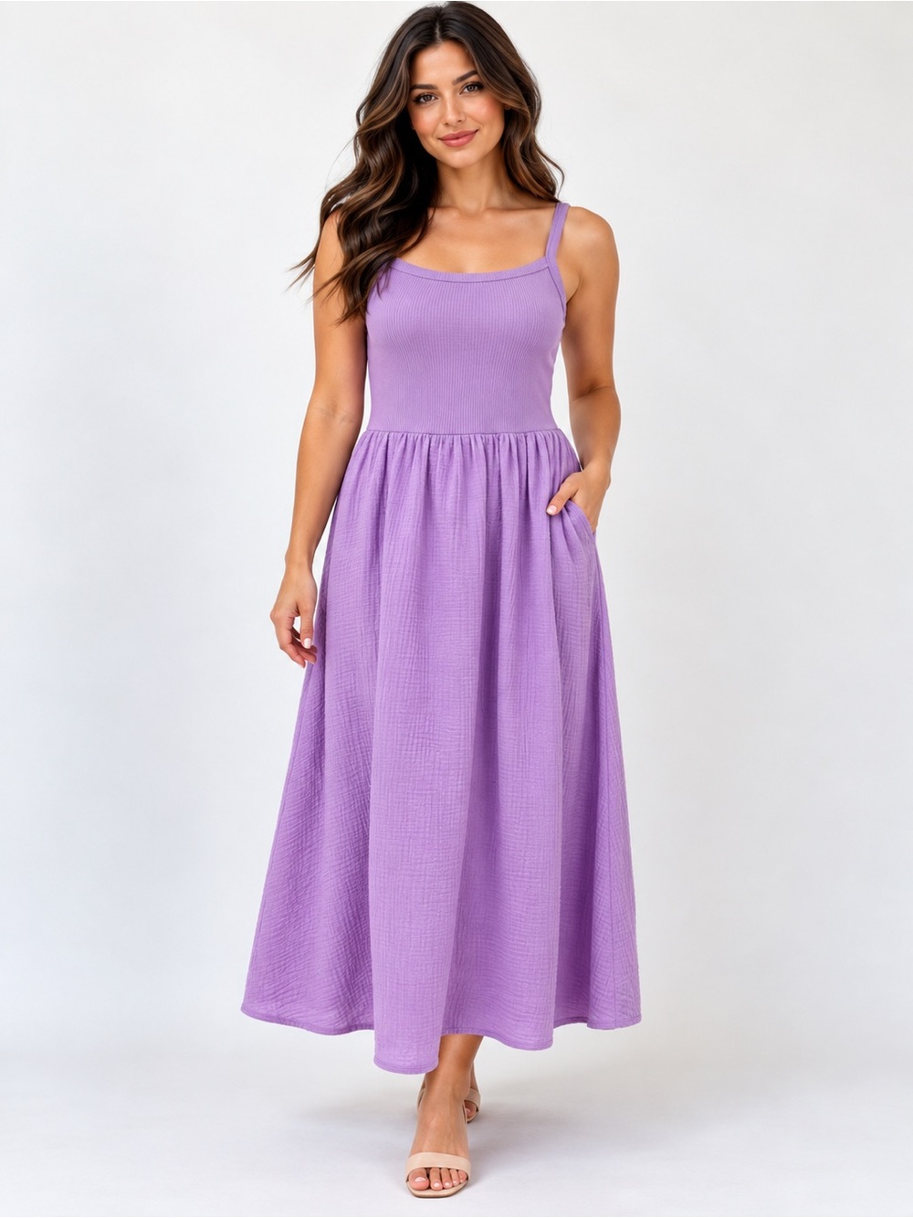 J.Crew Women’s L Purple Lavender Maxi Dress Ribbed Bodice Cotton TENCEL Pockets